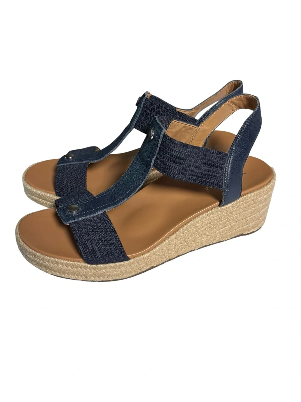 Vionic Calera Navy T Strap Jute Espadrille Wedge Sandal Sz 10